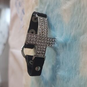 Cross bracelet, crystals and black leather
